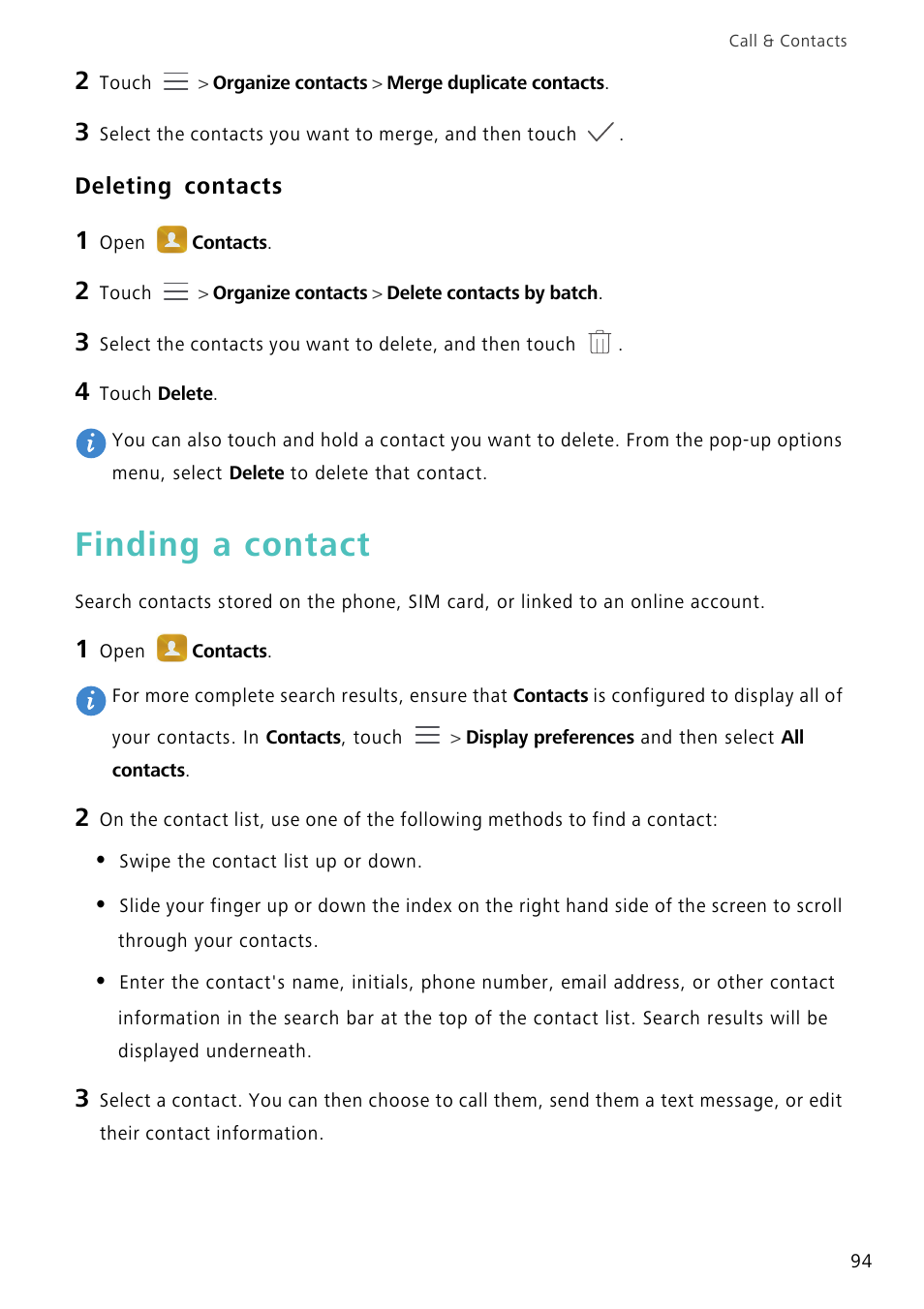 Deleting contacts, Finding a contact | Huawei Mate 8 User Manual | Page 101 / 218