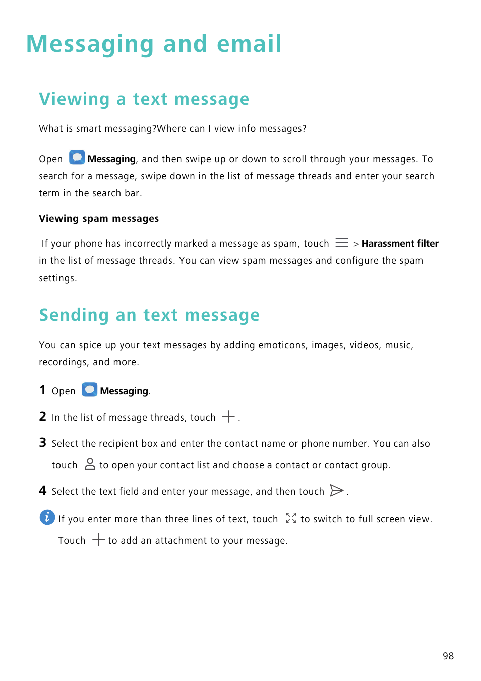 Messaging and email, Viewing a text message, Viewing spam messages | Sending an text message | Huawei Mate 8 User Manual | Page 105 / 218