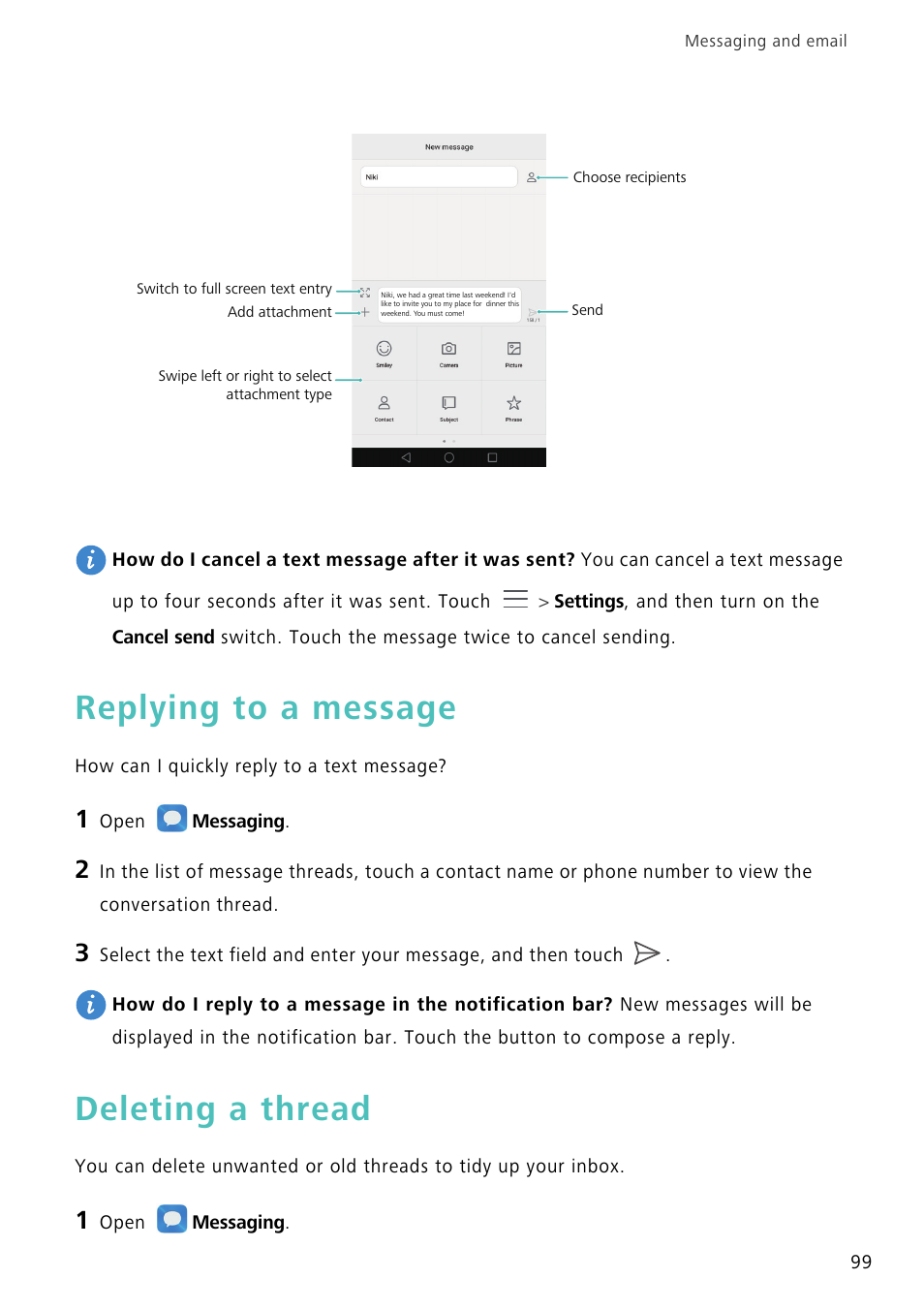 Replying to a message, Deleting a thread | Huawei Mate 8 User Manual | Page 106 / 218