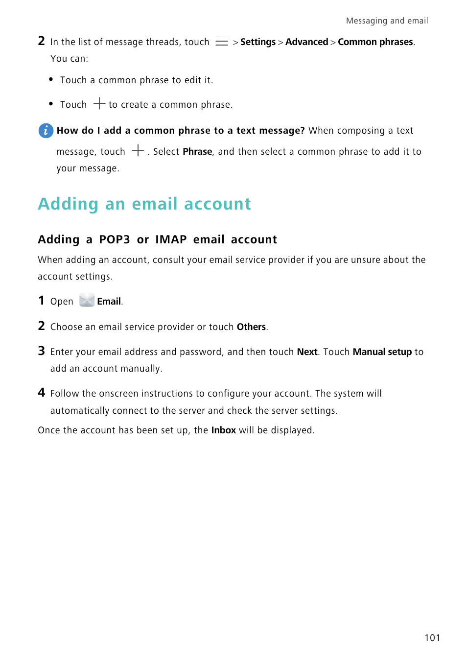 Adding an email account, Adding a pop3 or imap email account | Huawei Mate 8 User Manual | Page 108 / 218