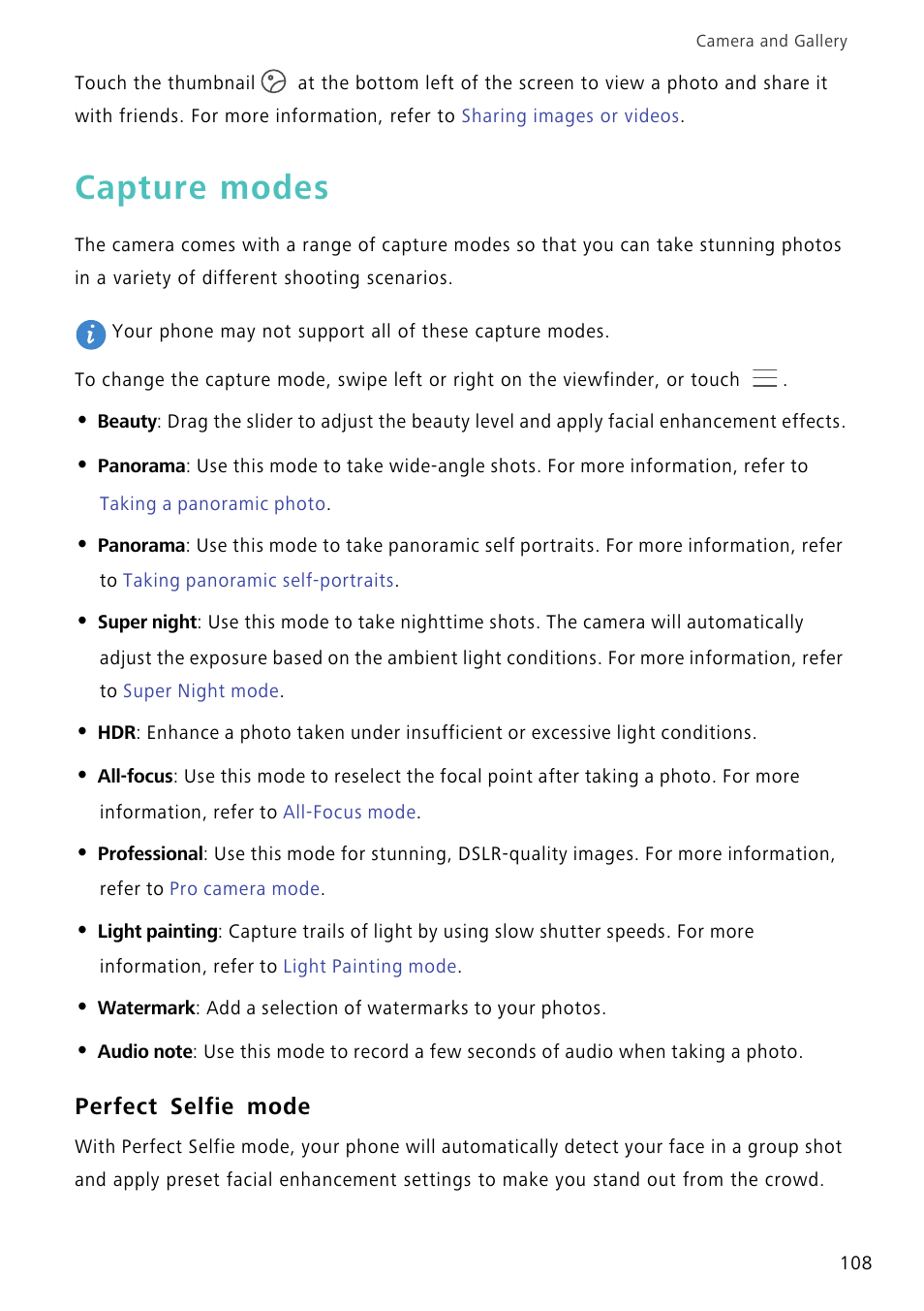 Capture modes, Perfect selfie mode | Huawei Mate 8 User Manual | Page 115 / 218