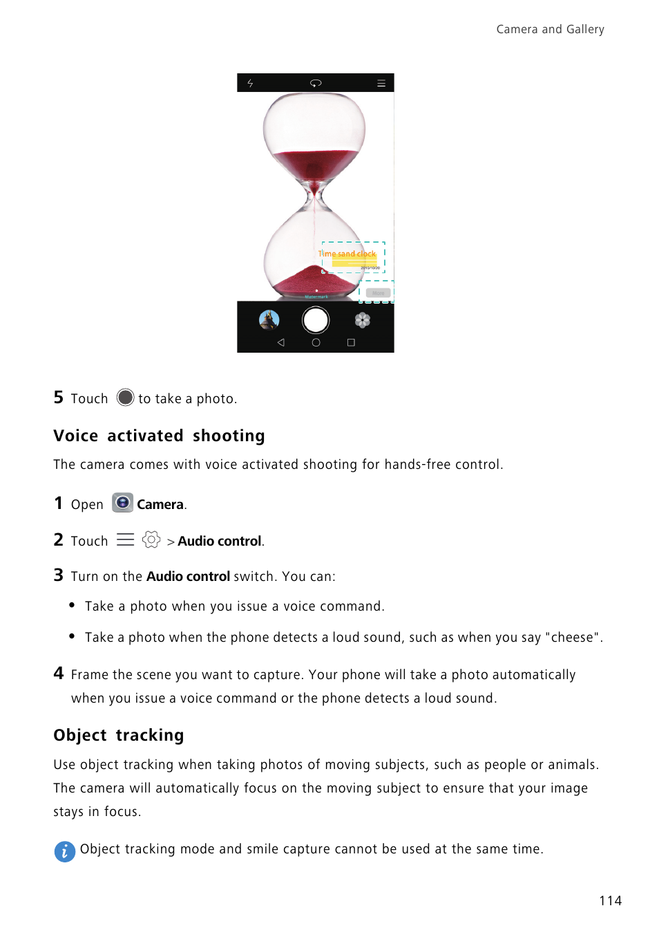 Voice activated shooting, Object tracking | Huawei Mate 8 User Manual | Page 121 / 218