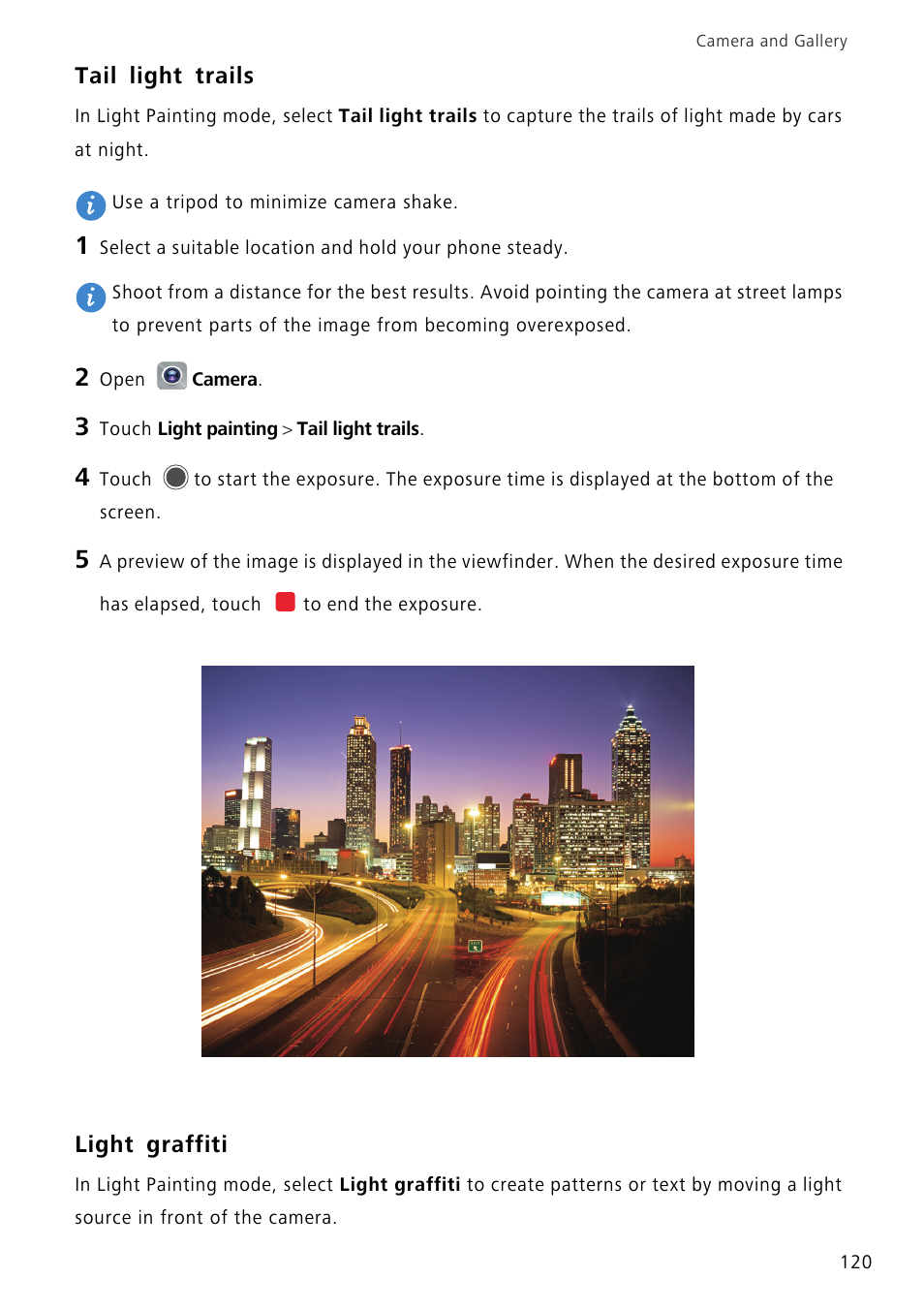 Tail light trails, Light graffiti | Huawei Mate 8 User Manual | Page 127 / 218