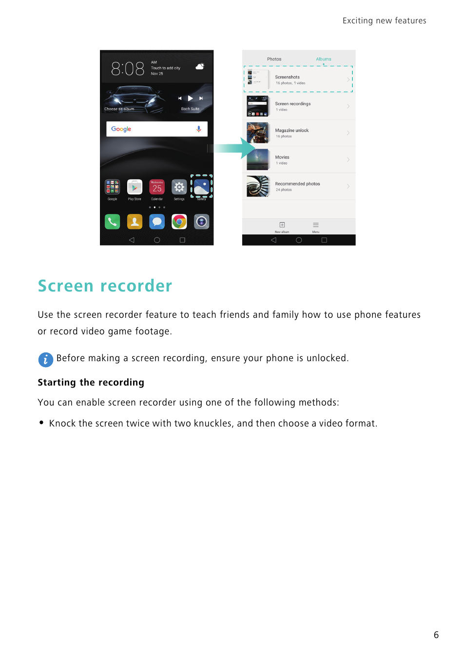 Screen recorder, Starting the recording | Huawei Mate 8 User Manual | Page 13 / 218