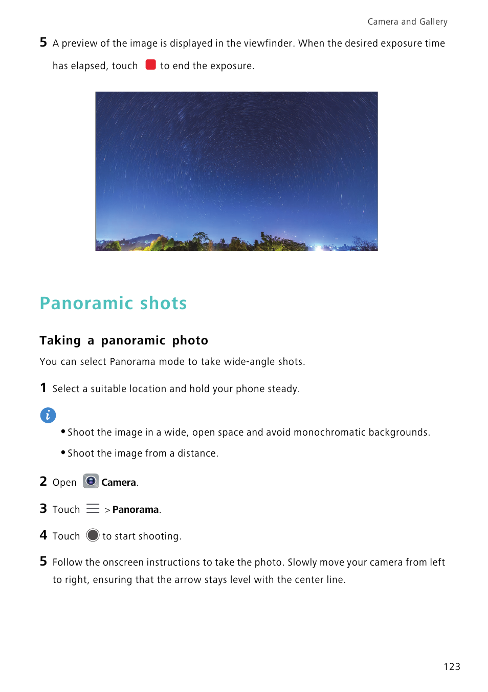 Panoramic shots, Taking a panoramic photo | Huawei Mate 8 User Manual | Page 130 / 218