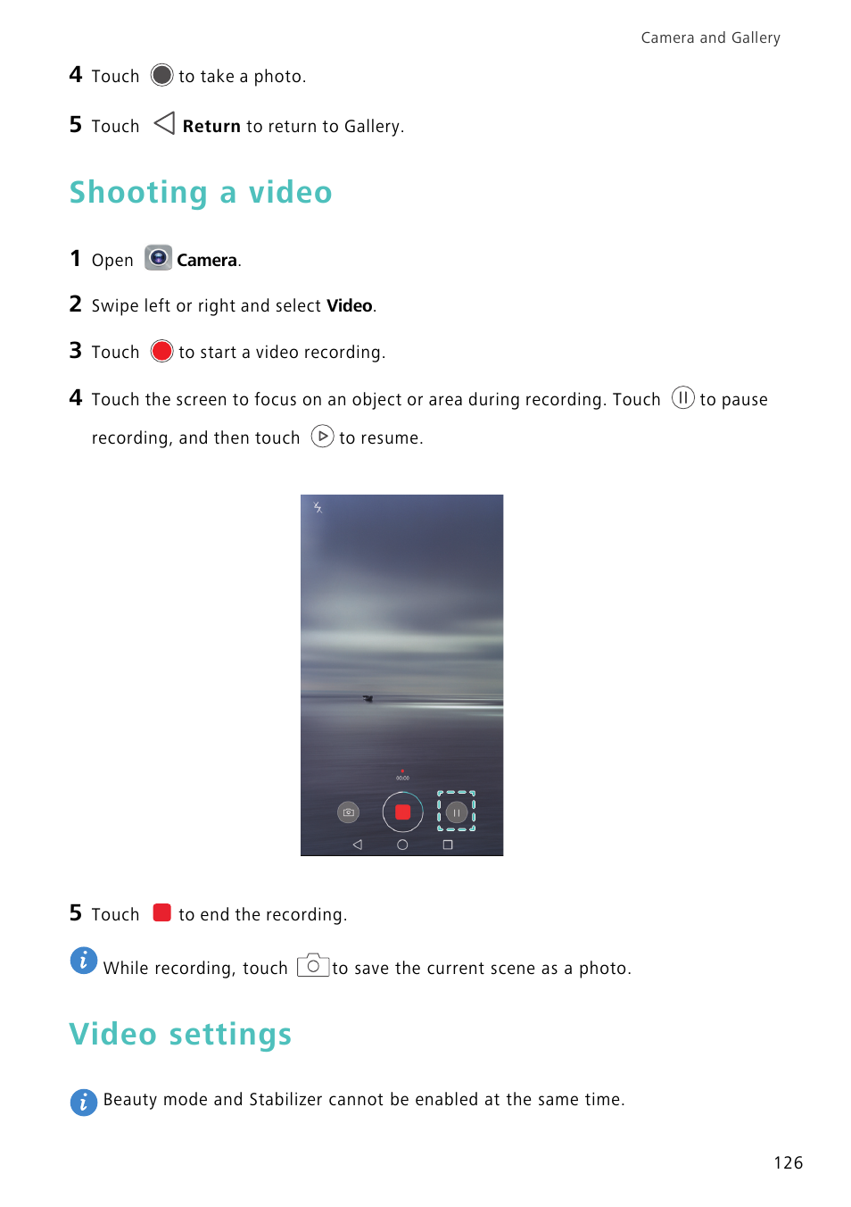 Shooting a video, Video settings | Huawei Mate 8 User Manual | Page 133 / 218