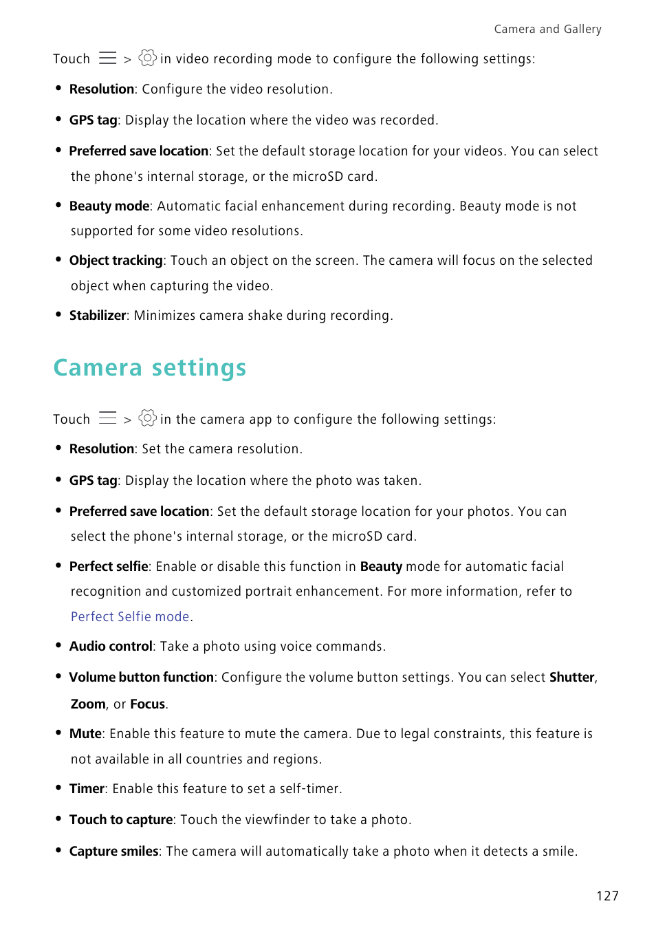 Camera settings | Huawei Mate 8 User Manual | Page 134 / 218