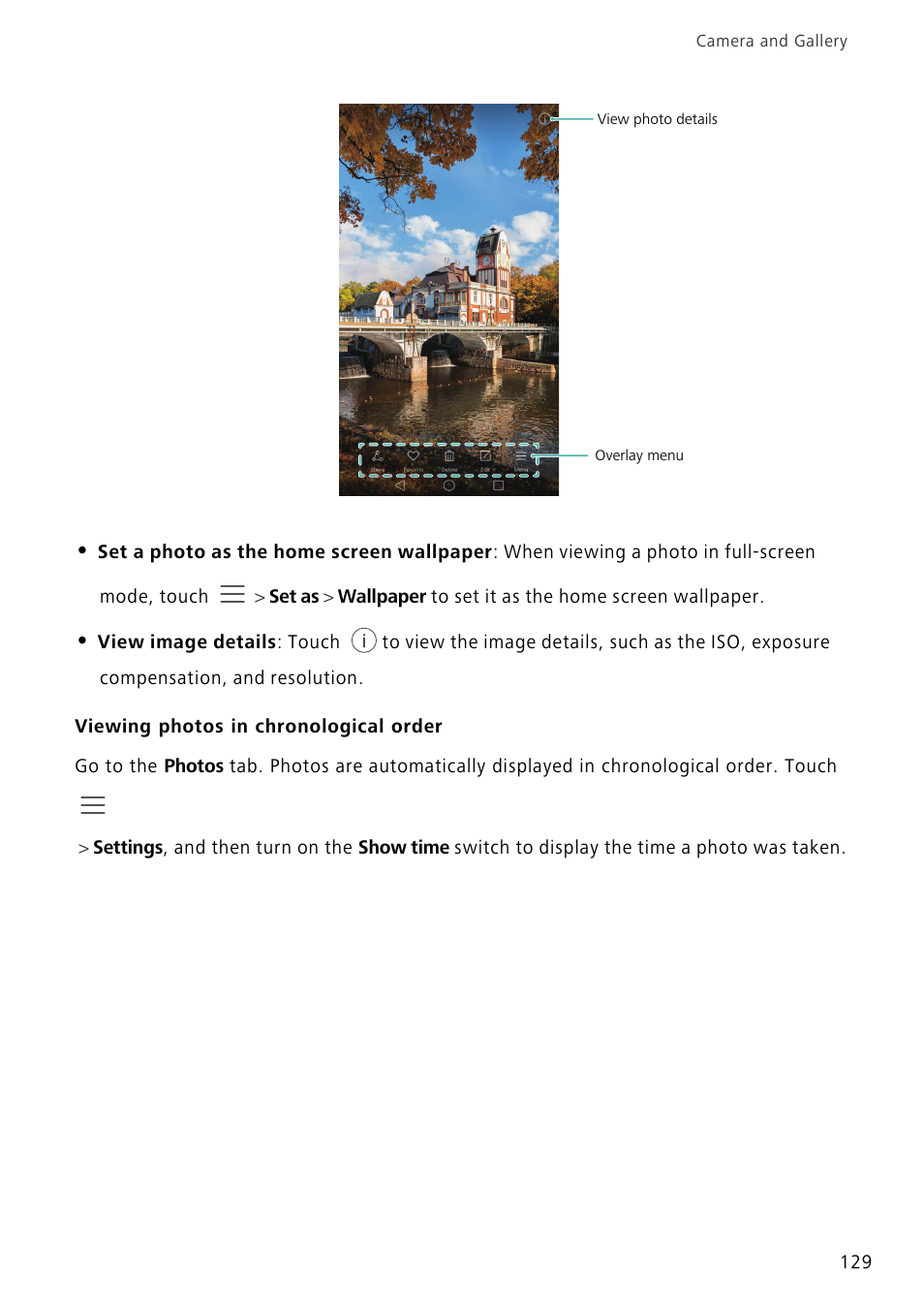 Viewing photos in chronological order | Huawei Mate 8 User Manual | Page 136 / 218