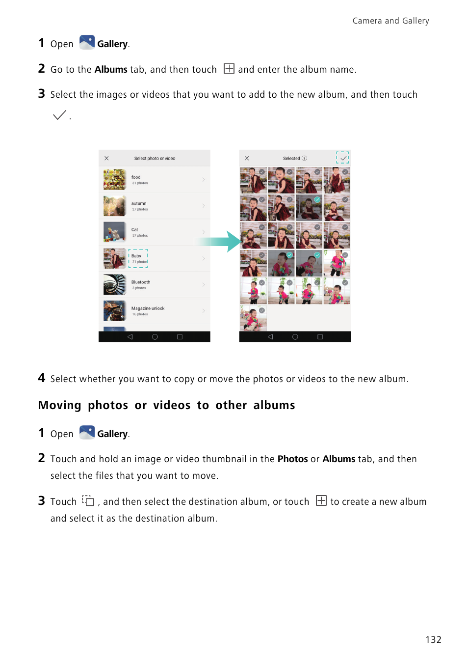Moving photos or videos to other albums | Huawei Mate 8 User Manual | Page 139 / 218
