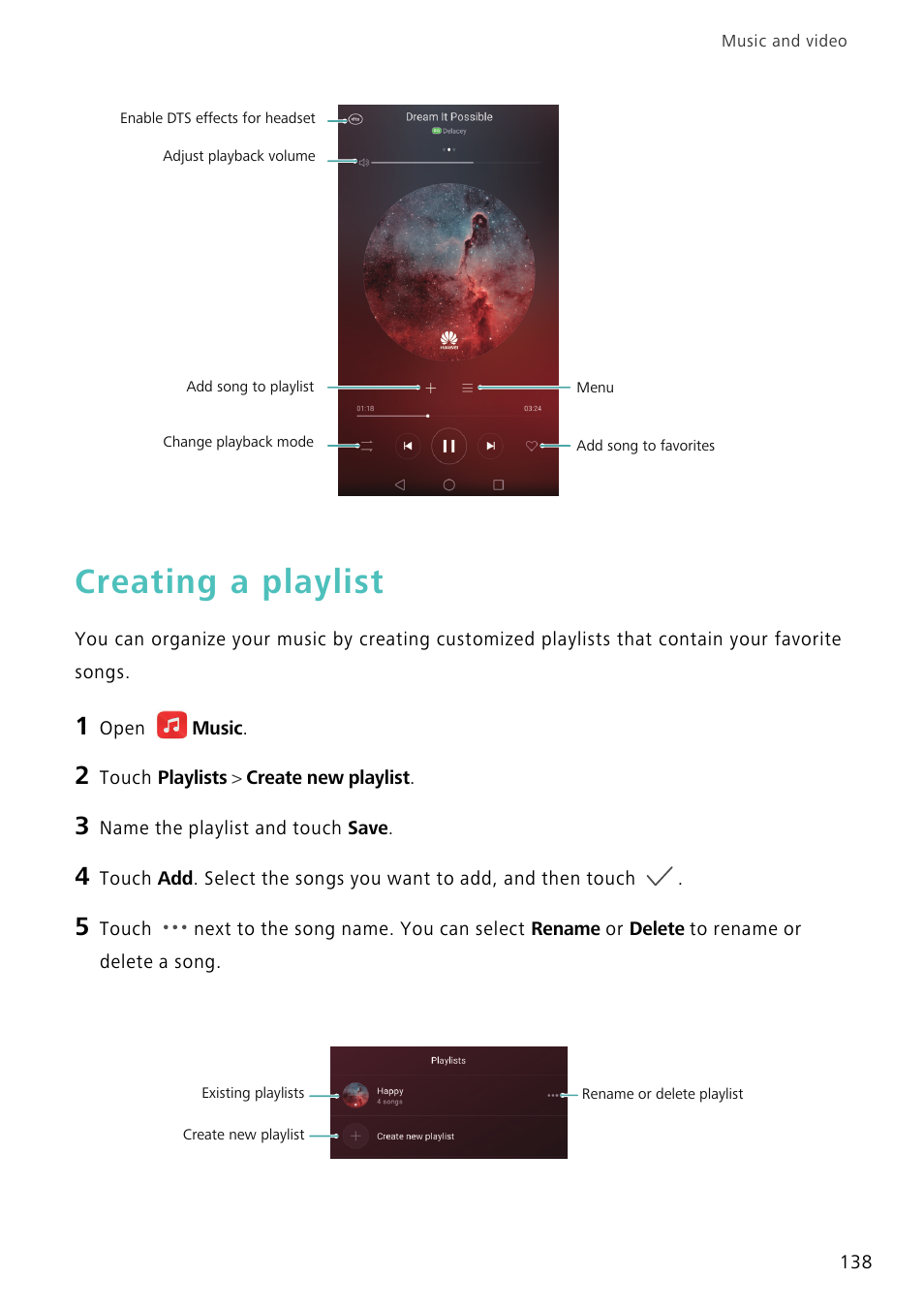 Creating a playlist | Huawei Mate 8 User Manual | Page 145 / 218