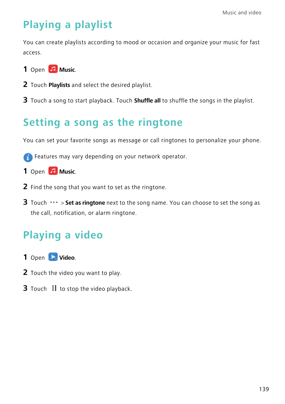 Playing a playlist, Setting a song as the ringtone, Playing a video | Huawei Mate 8 User Manual | Page 146 / 218