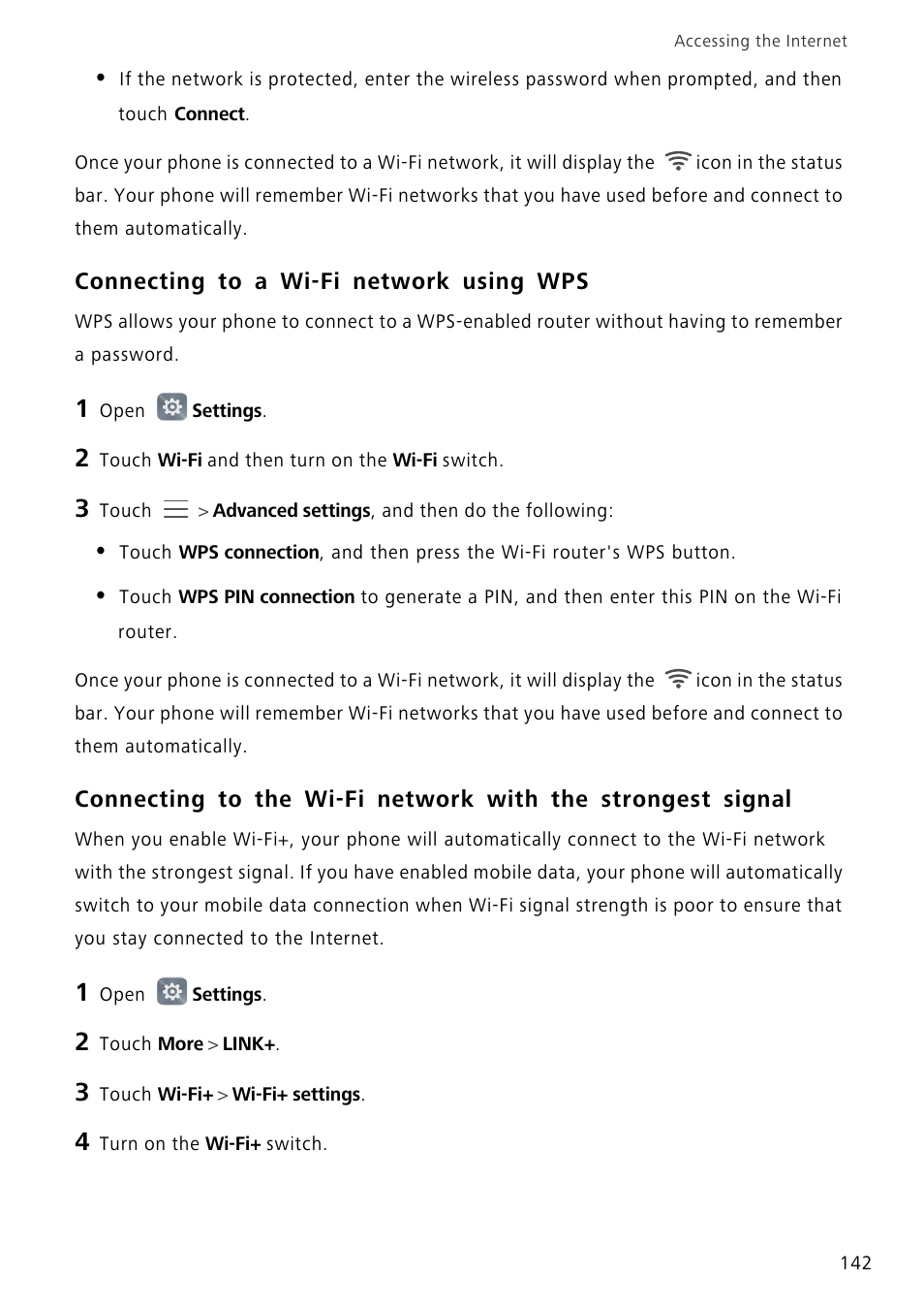 Connecting to a wi-fi network using wps | Huawei Mate 8 User Manual | Page 149 / 218