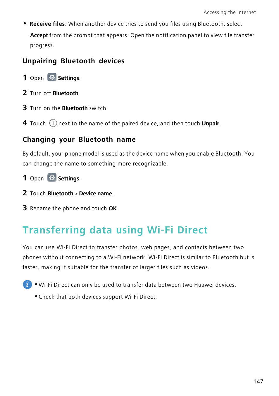 Unpairing bluetooth devices, Changing your bluetooth name, Transferring data using wi-fi direct | Huawei Mate 8 User Manual | Page 154 / 218