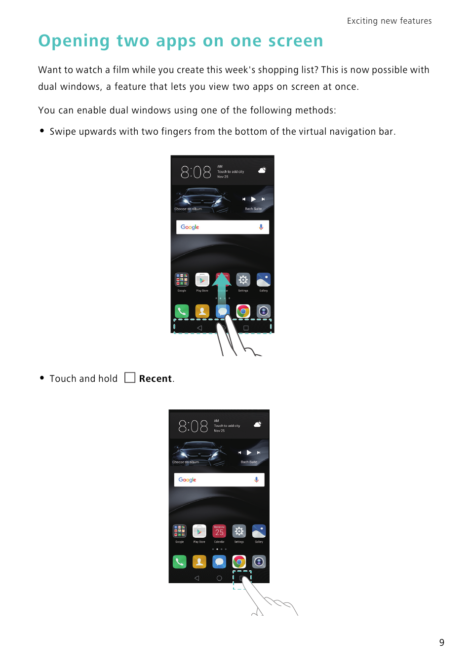 Opening two apps on one screen | Huawei Mate 8 User Manual | Page 16 / 218