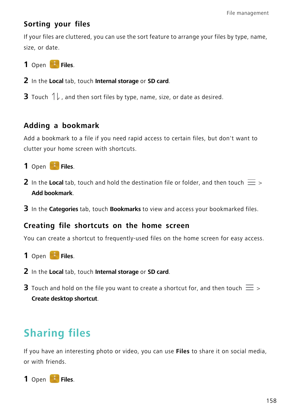 Sorting your files, Adding a bookmark, Creating file shortcuts on the home screen | Sharing files | Huawei Mate 8 User Manual | Page 165 / 218
