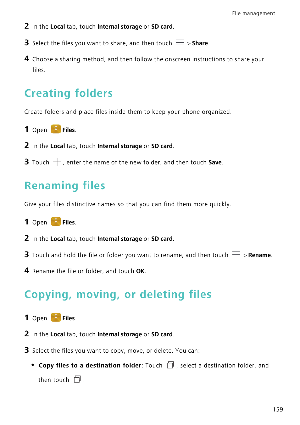 Creating folders, Renaming files, Copying, moving, or deleting files | Huawei Mate 8 User Manual | Page 166 / 218