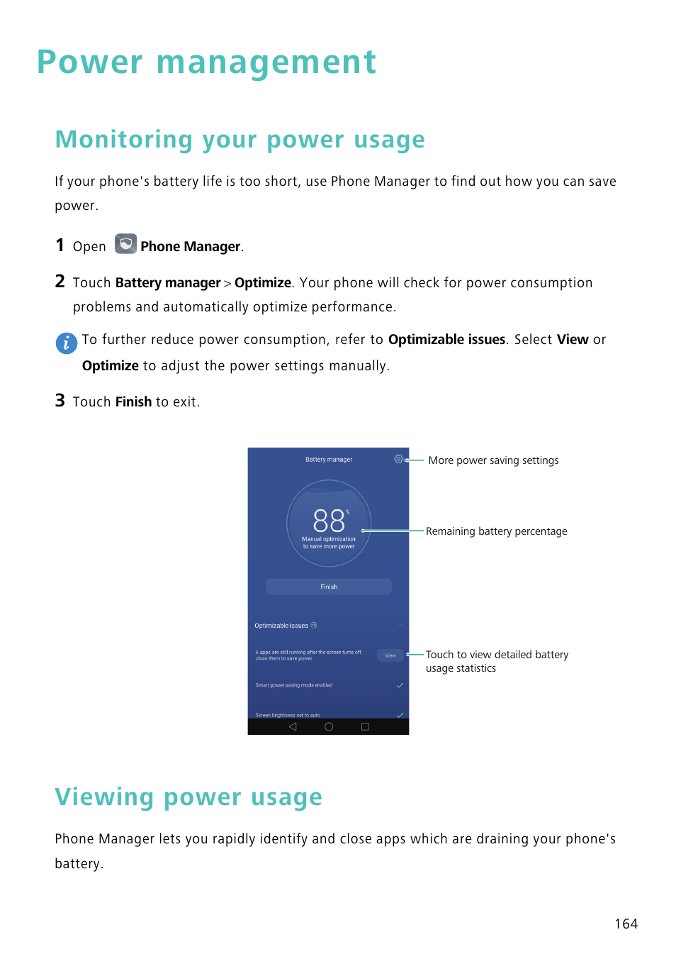 Power management, Monitoring your power usage, Viewing power usage | Huawei Mate 8 User Manual | Page 171 / 218