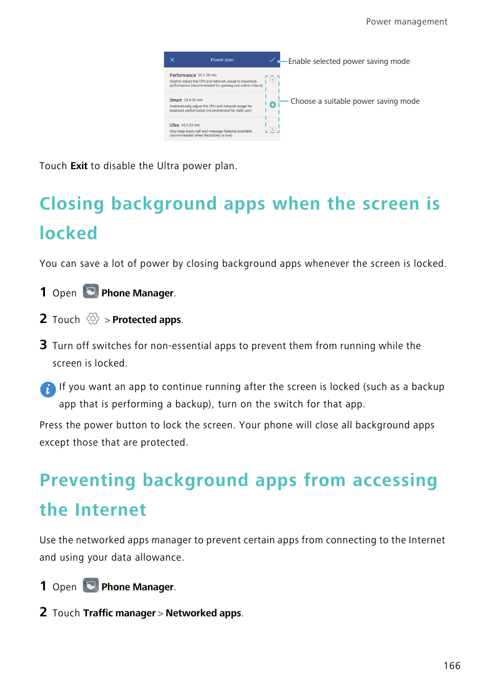 Closing background apps when the screen is locked, Closing background apps when the screen is, Preventing background apps from accessing the | Internet | Huawei Mate 8 User Manual | Page 173 / 218