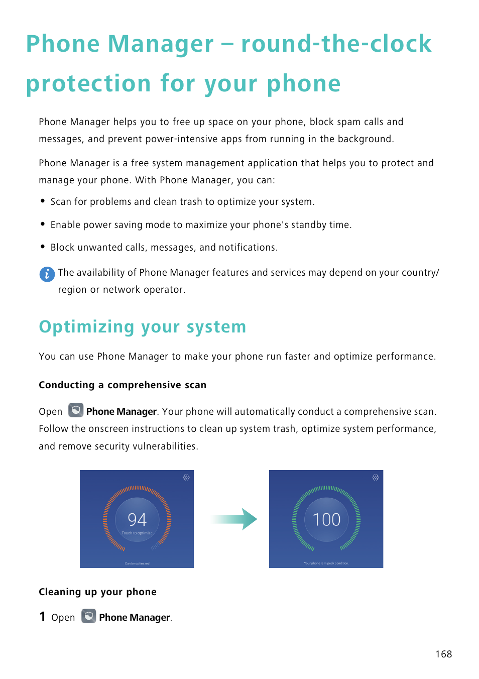 Optimizing your system, Conducting a comprehensive scan, Cleaning up your phone | Phone manager – round-the-clock protection, For your phone | Huawei Mate 8 User Manual | Page 175 / 218