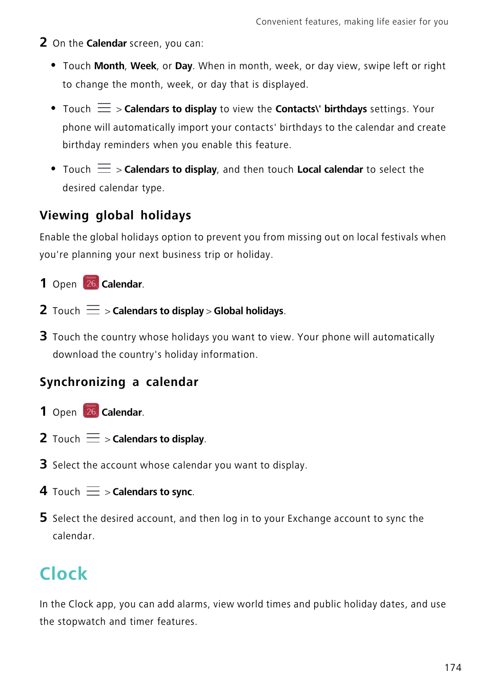 Viewing global holidays, Synchronizing a calendar, Clock | Huawei Mate 8 User Manual | Page 181 / 218