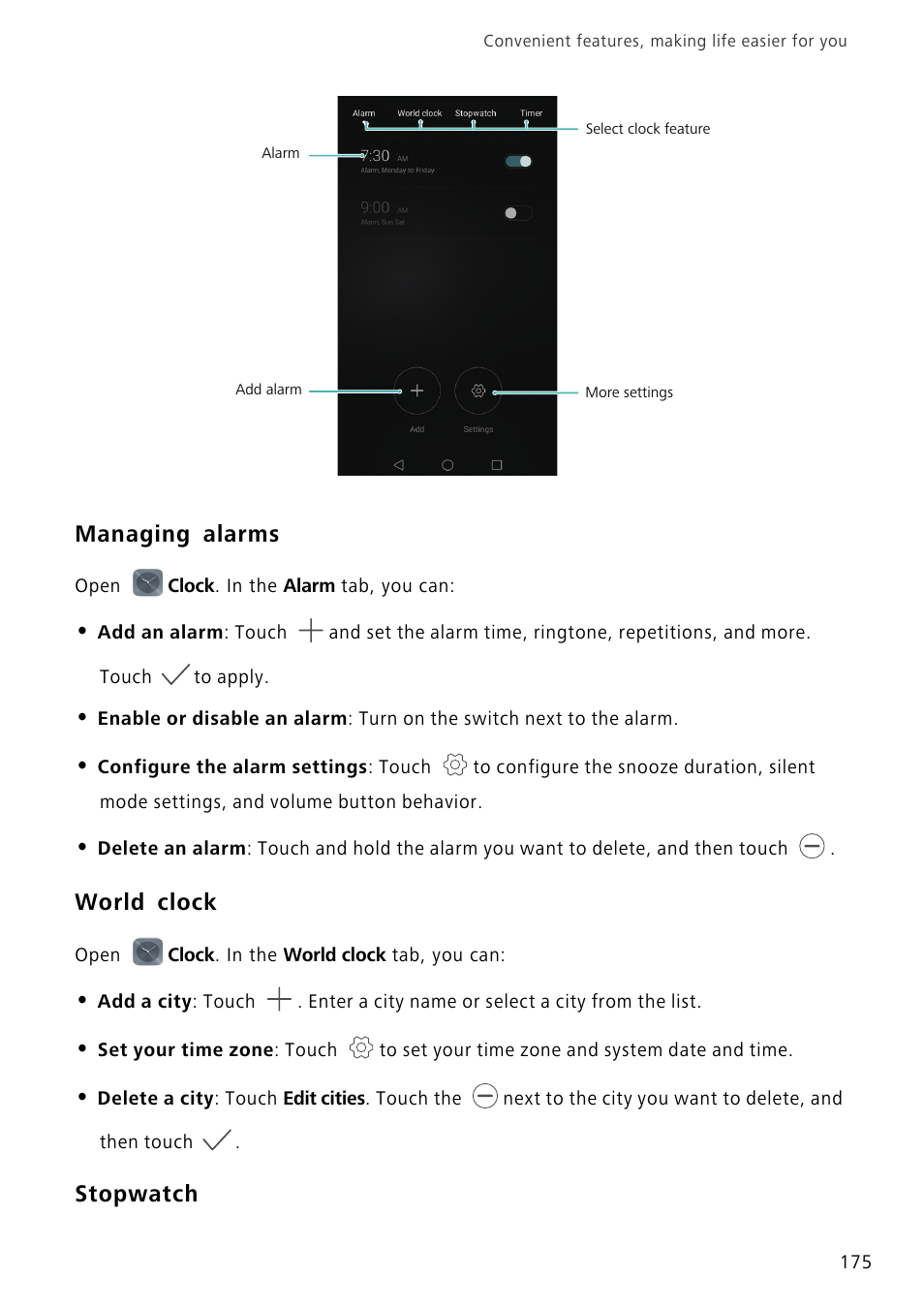 Managing alarms, World clock, Stopwatch | Huawei Mate 8 User Manual | Page 182 / 218