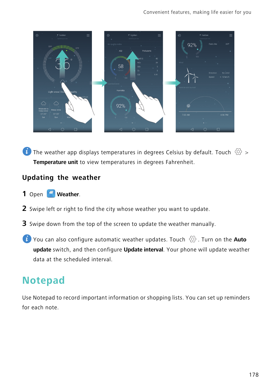 Updating the weather, Notepad | Huawei Mate 8 User Manual | Page 185 / 218