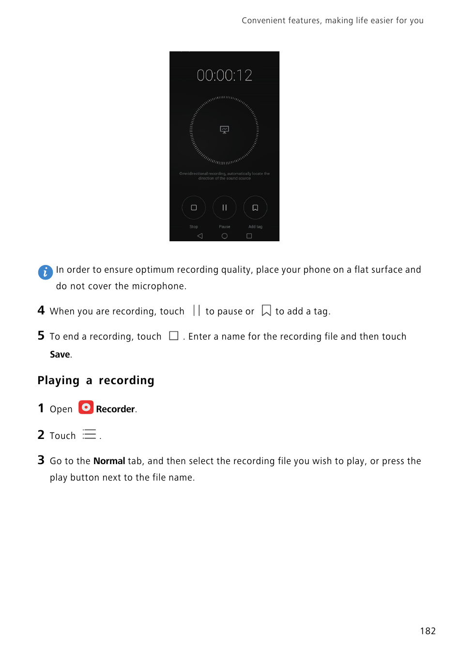 Playing a recording | Huawei Mate 8 User Manual | Page 189 / 218