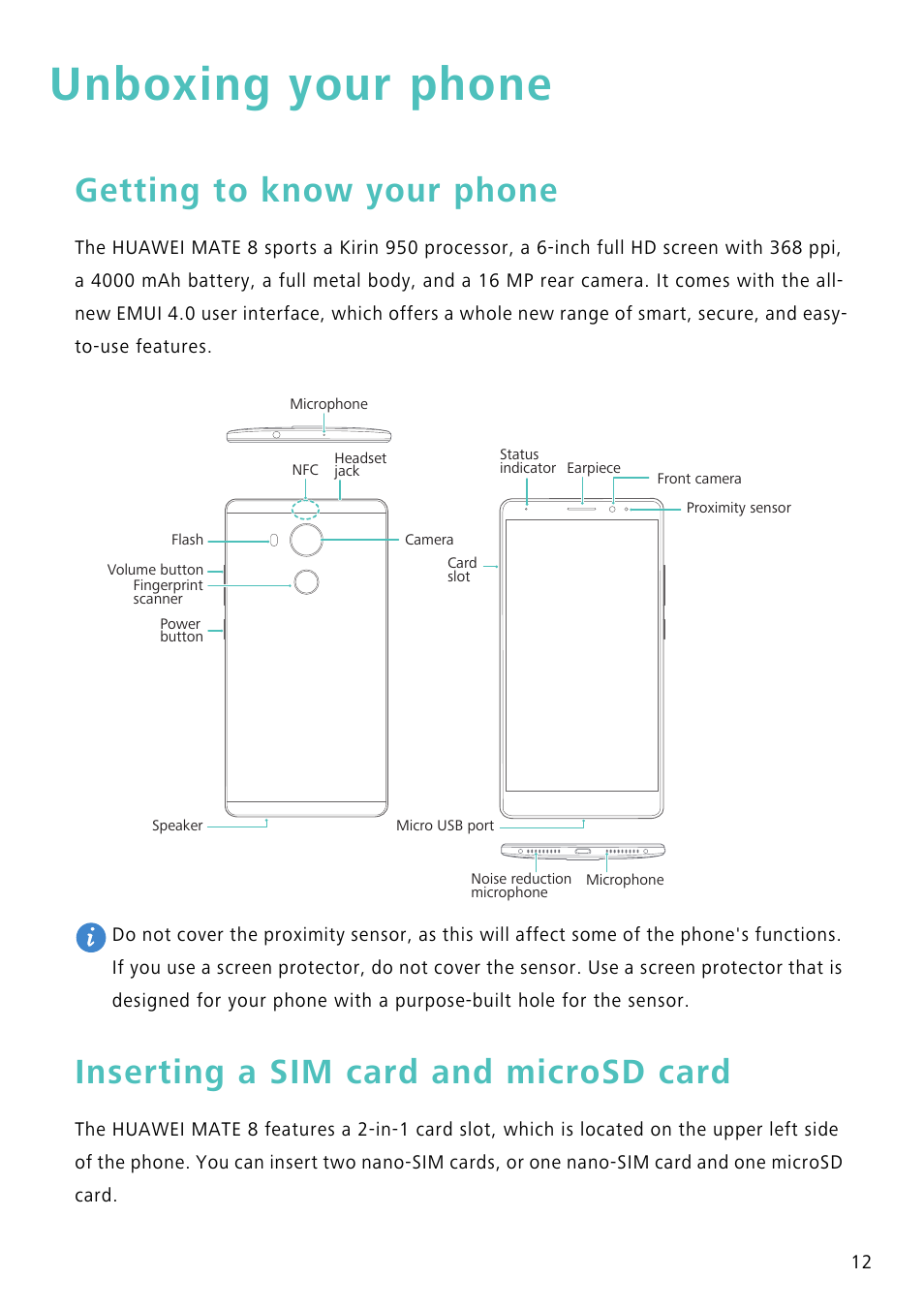 Unboxing your phone, Getting to know your phone, Inserting a sim card and microsd card | Huawei Mate 8 User Manual | Page 19 / 218