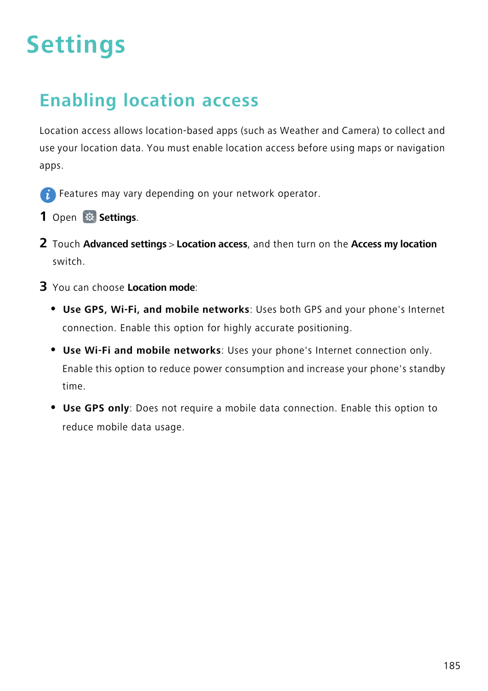 Settings, Enabling location access | Huawei Mate 8 User Manual | Page 192 / 218