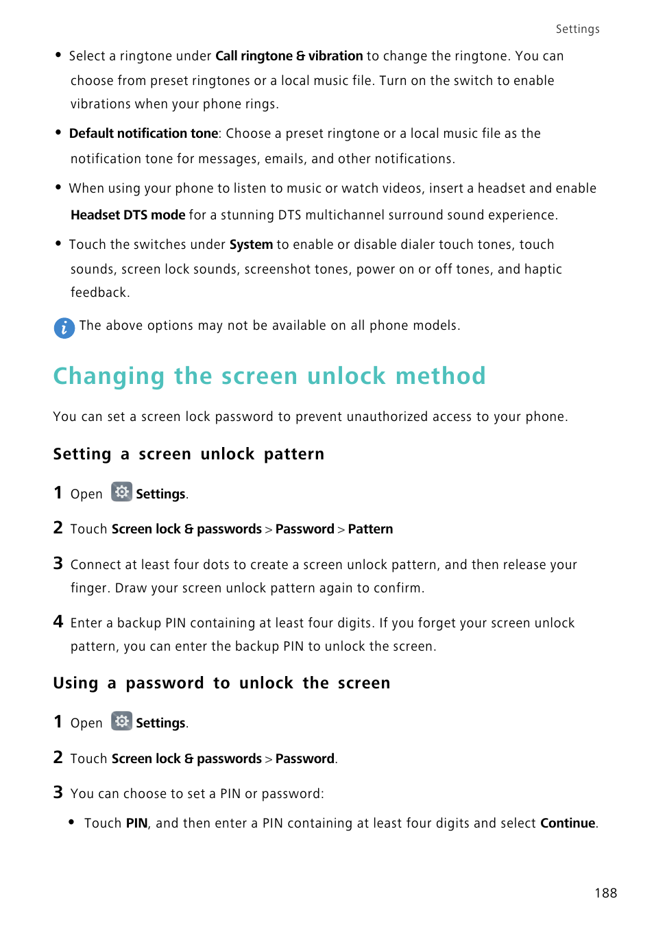 Changing the screen unlock method, Setting a screen unlock pattern, Using a password to unlock the screen | Huawei Mate 8 User Manual | Page 195 / 218