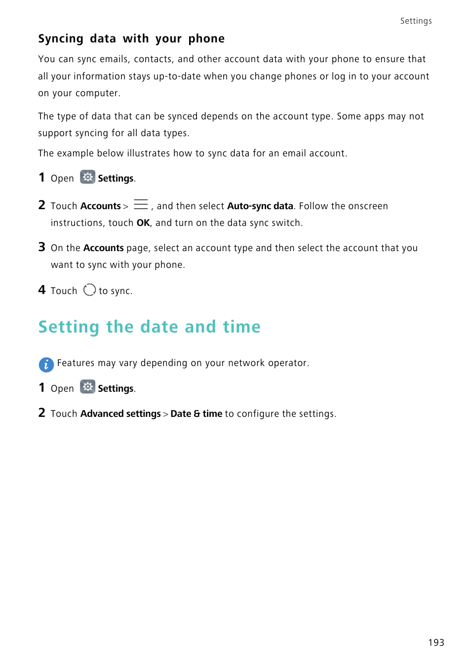 Syncing data with your phone, Setting the date and time | Huawei Mate 8 User Manual | Page 200 / 218