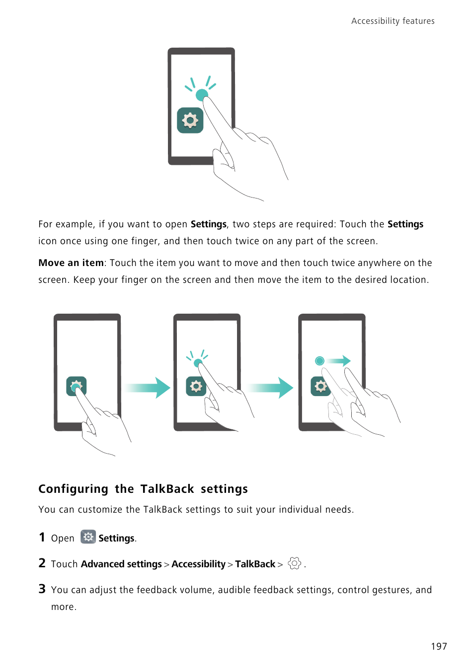 Configuring the talkback settings | Huawei Mate 8 User Manual | Page 204 / 218