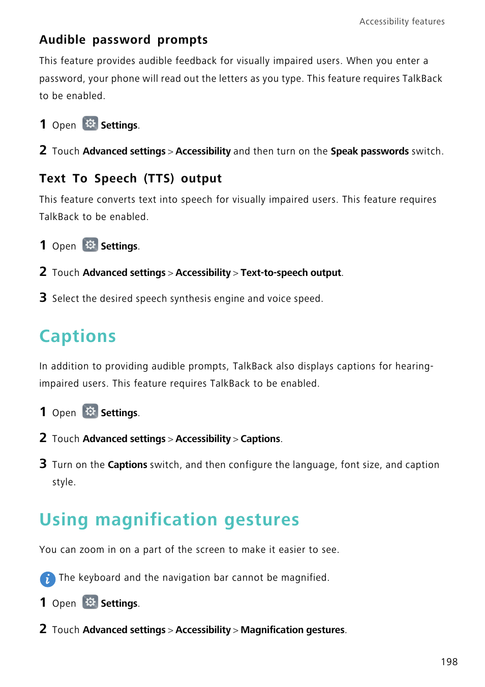 Audible password prompts, Text to speech (tts) output, Captions | Using magnification gestures | Huawei Mate 8 User Manual | Page 205 / 218