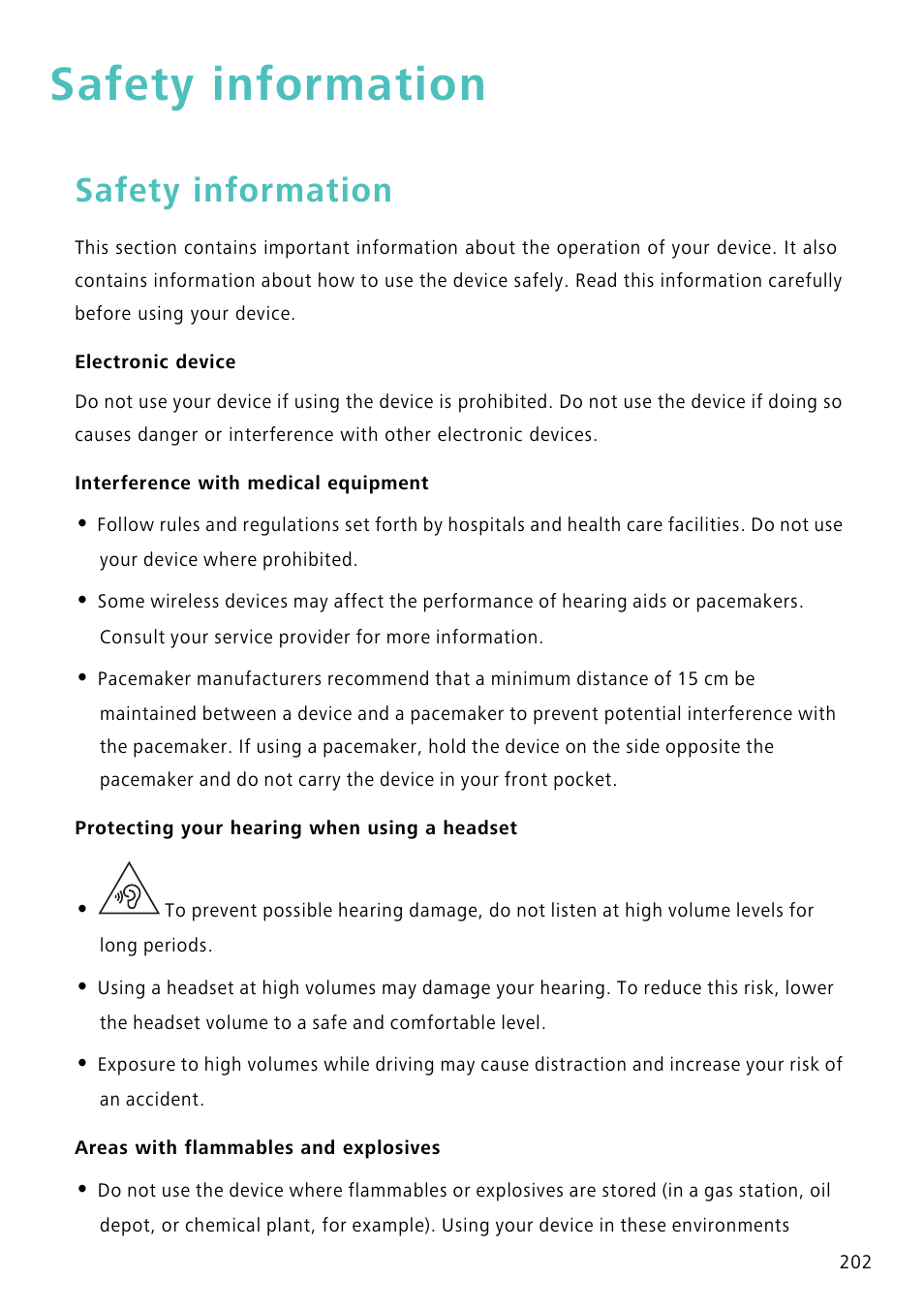 Safety information, Electronic device, Interference with medical equipment | Protecting your hearing when using a headset, Areas with flammables and explosives | Huawei Mate 8 User Manual | Page 209 / 218