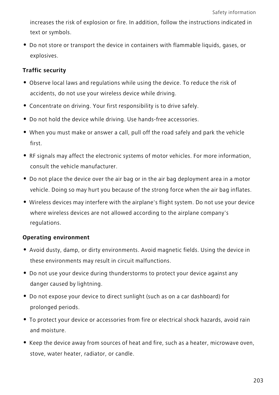 Traffic security, Operating environment | Huawei Mate 8 User Manual | Page 210 / 218