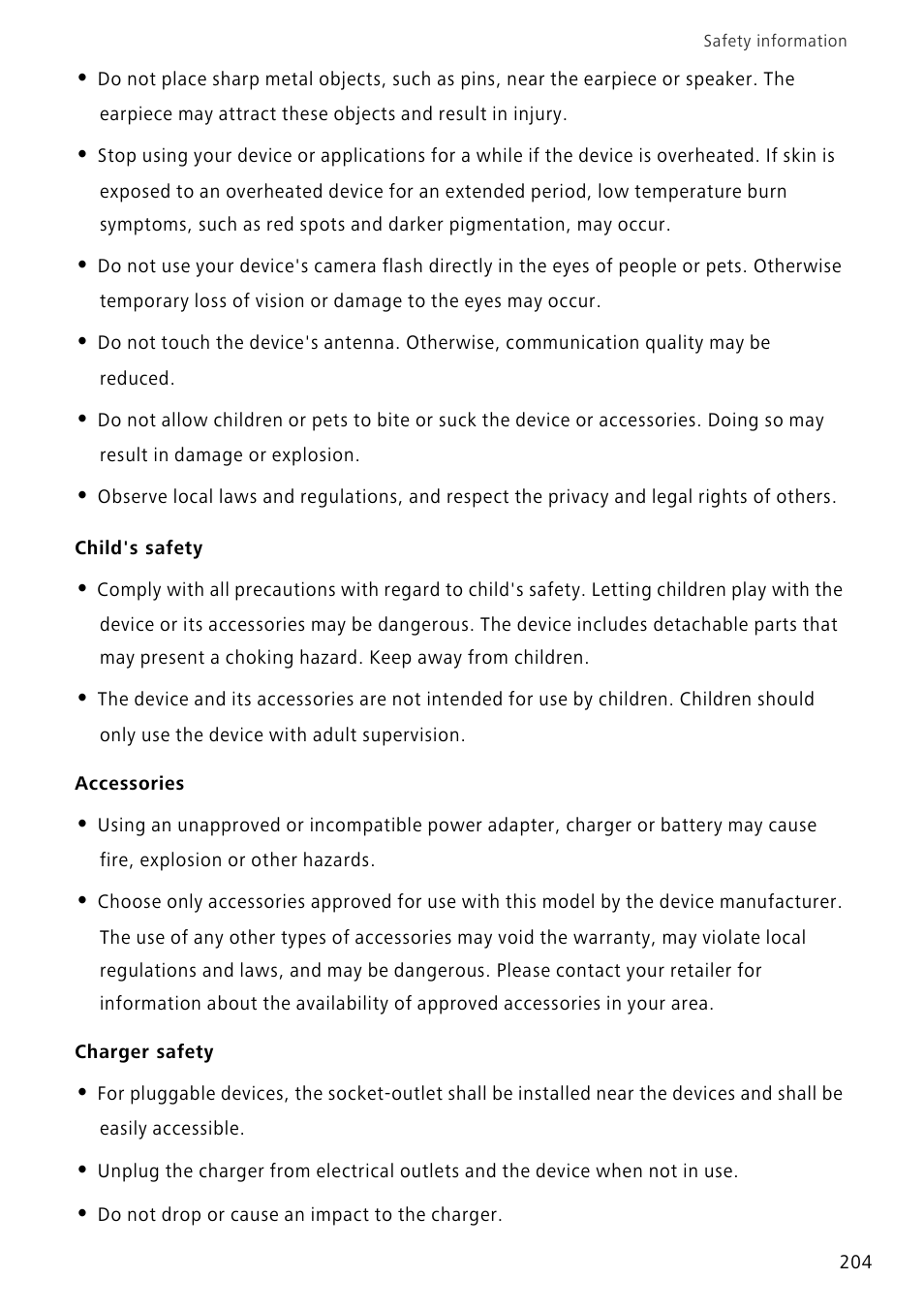 Child's safety, Accessories, Charger safety | Huawei Mate 8 User Manual | Page 211 / 218