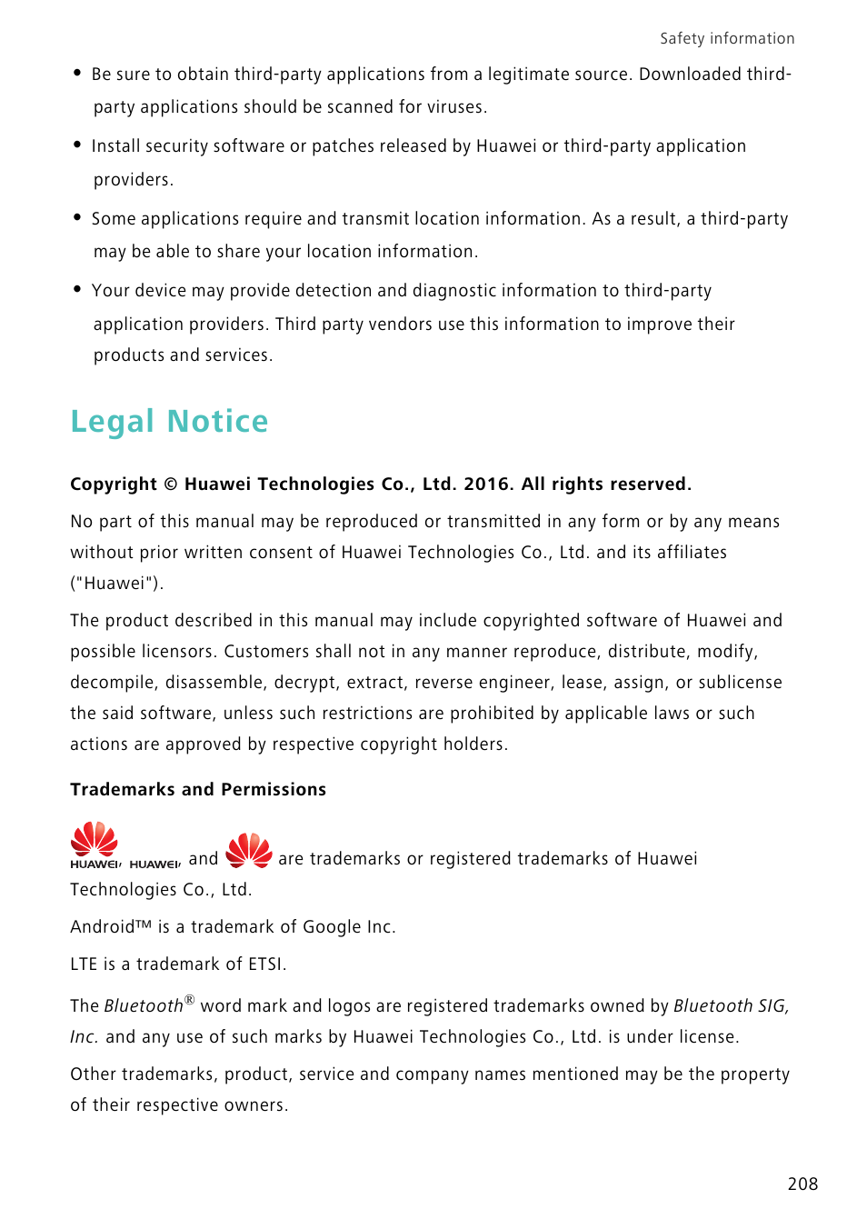 Legal notice, Trademarks and permissions | Huawei Mate 8 User Manual | Page 215 / 218