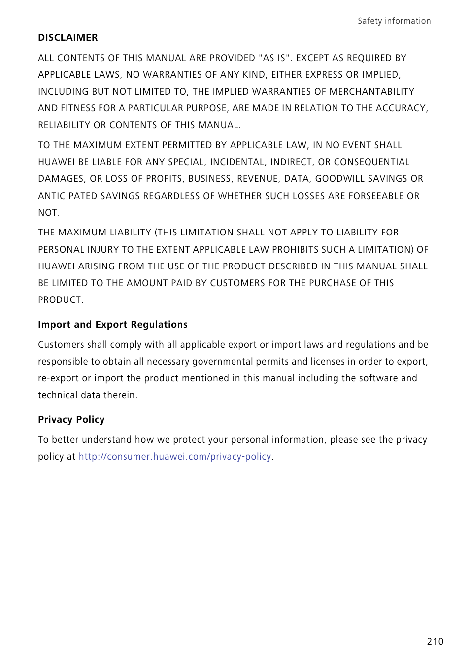 Disclaimer, Import and export regulations, Privacy policy | Huawei Mate 8 User Manual | Page 217 / 218