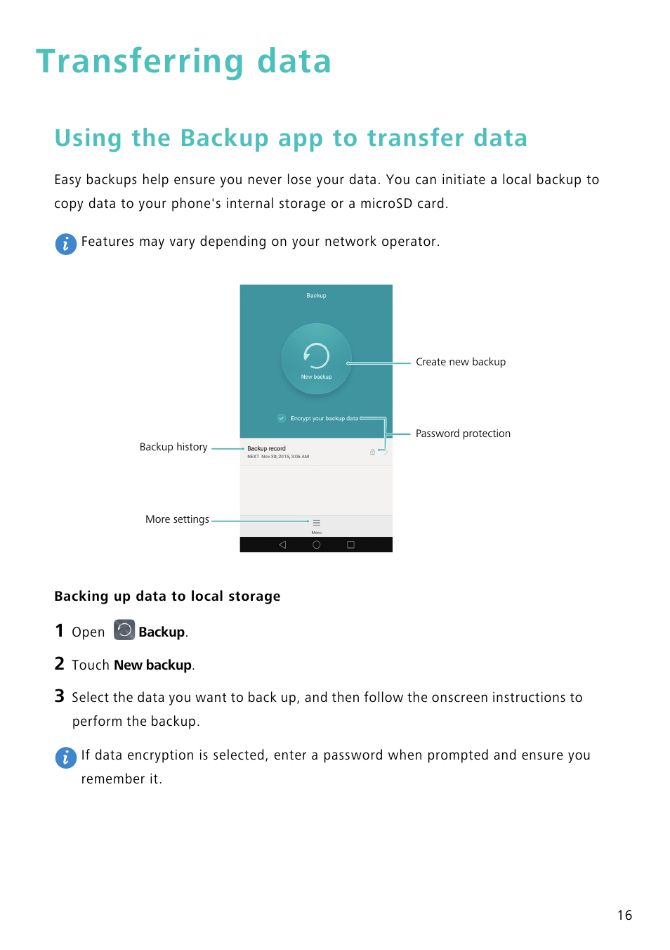 Transferring data, Using the backup app to transfer data, Backing up data to local storage | Huawei Mate 8 User Manual | Page 23 / 218