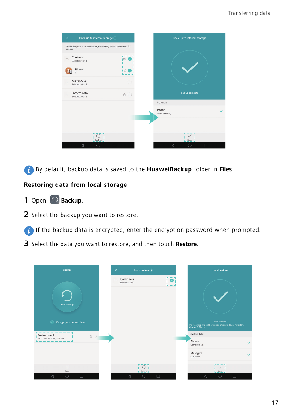 Restoring data from local storage | Huawei Mate 8 User Manual | Page 24 / 218