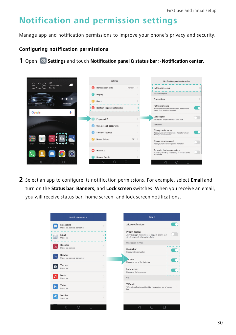 Notification and permission settings, Configuring notification permissions | Huawei Mate 8 User Manual | Page 37 / 218