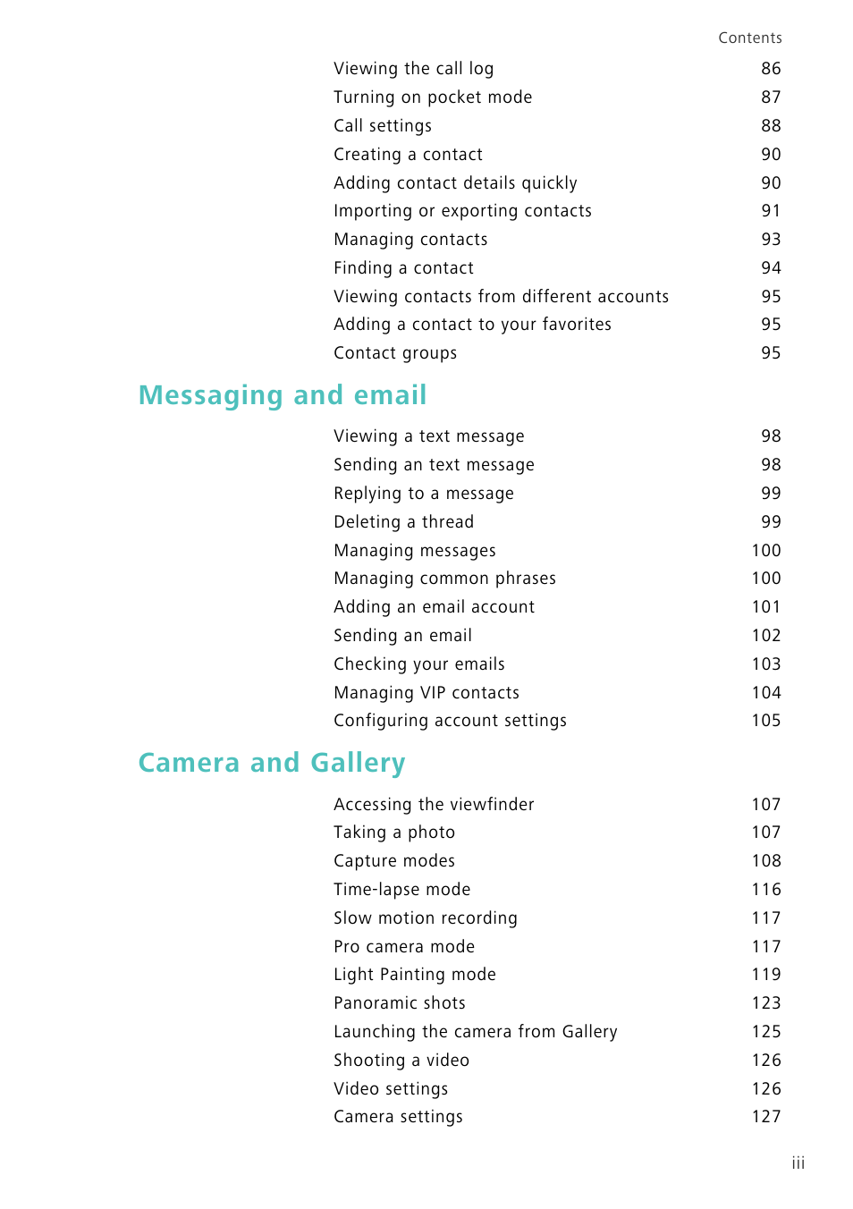 Messaging and email, Camera and gallery | Huawei Mate 8 User Manual | Page 4 / 218