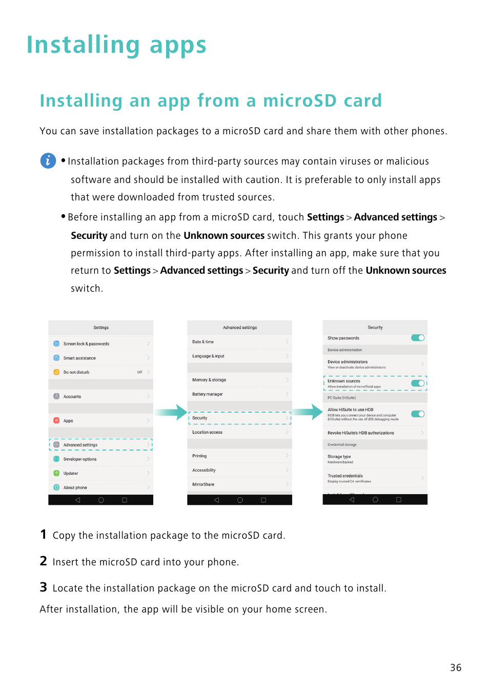 Installing apps, Installing an app from a microsd card | Huawei Mate 8 User Manual | Page 43 / 218