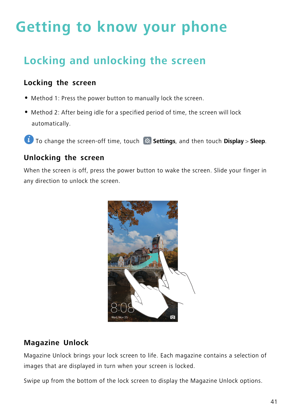 Getting to know your phone, Locking and unlocking the screen, Locking the screen | Unlocking the screen, Magazine unlock | Huawei Mate 8 User Manual | Page 48 / 218