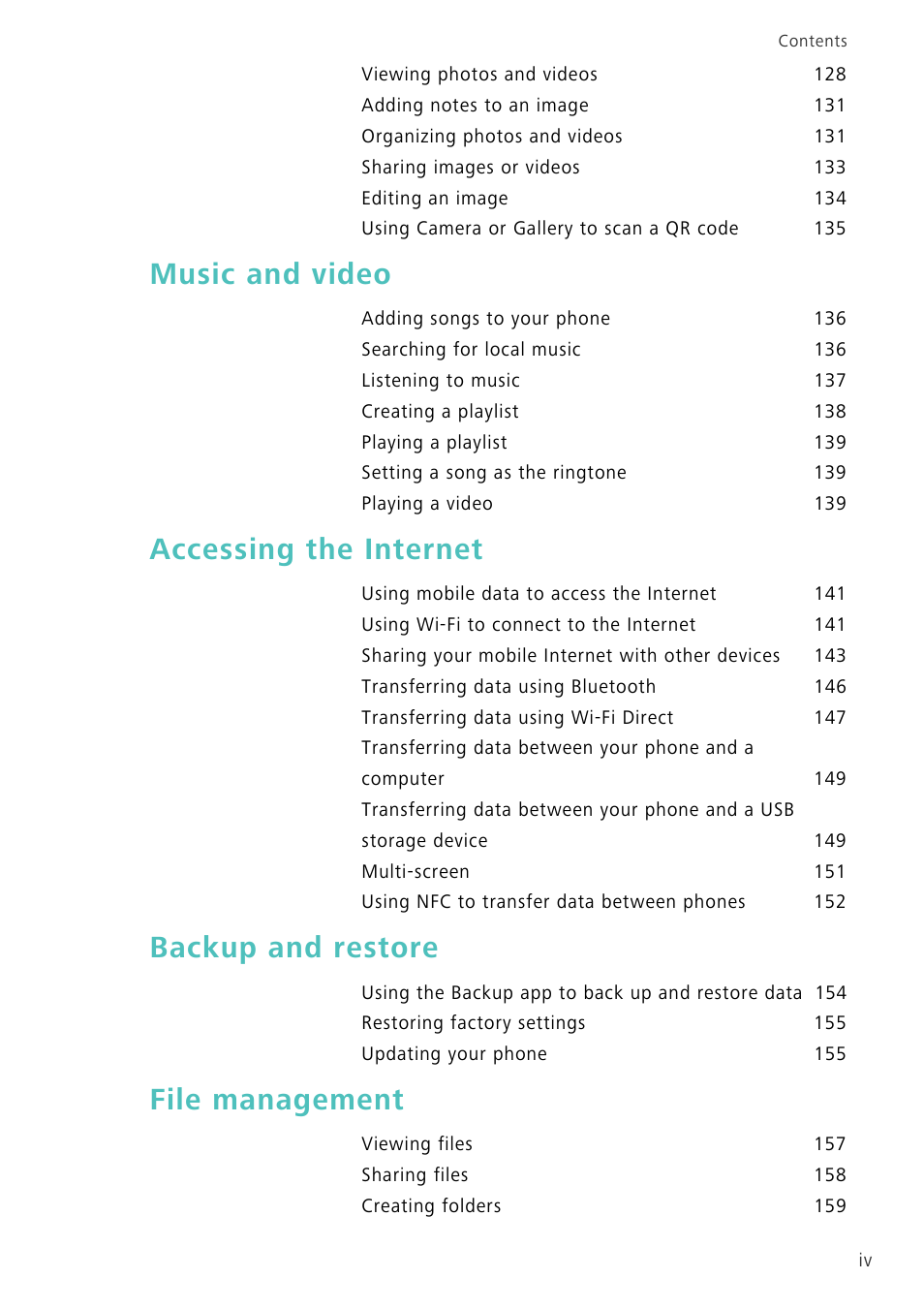 Music and video, Accessing the internet, Backup and restore | File management | Huawei Mate 8 User Manual | Page 5 / 218