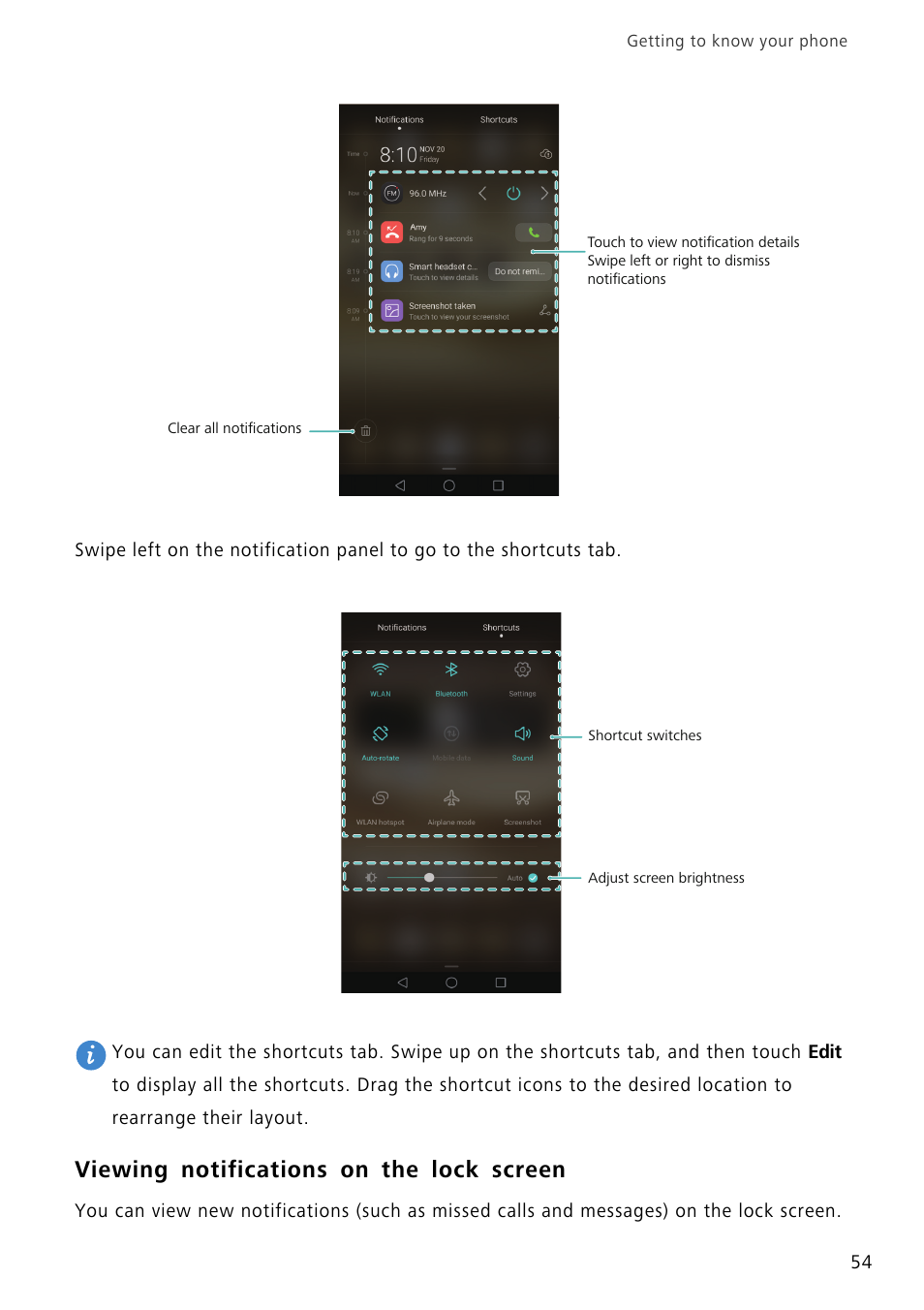 Viewing notifications on the lock screen | Huawei Mate 8 User Manual | Page 61 / 218