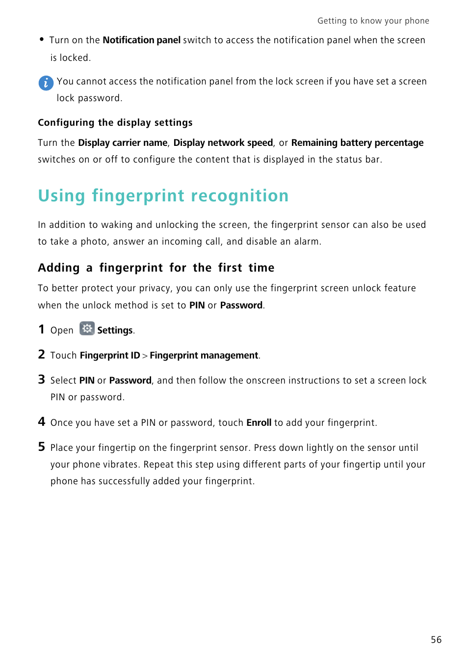 Configuring the display settings, Using fingerprint recognition, Adding a fingerprint for the first time | Huawei Mate 8 User Manual | Page 63 / 218
