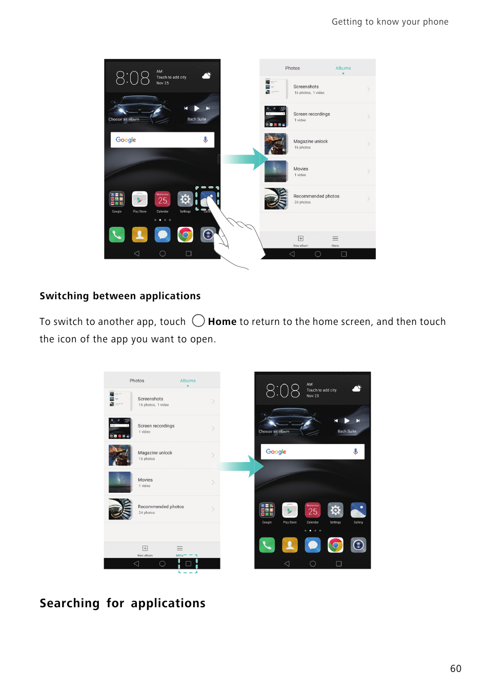 Switching between applications, Searching for applications | Huawei Mate 8 User Manual | Page 67 / 218