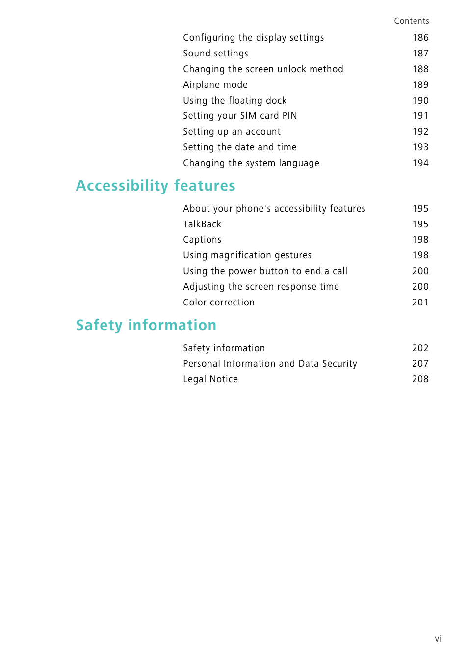 Accessibility features, Safety information | Huawei Mate 8 User Manual | Page 7 / 218