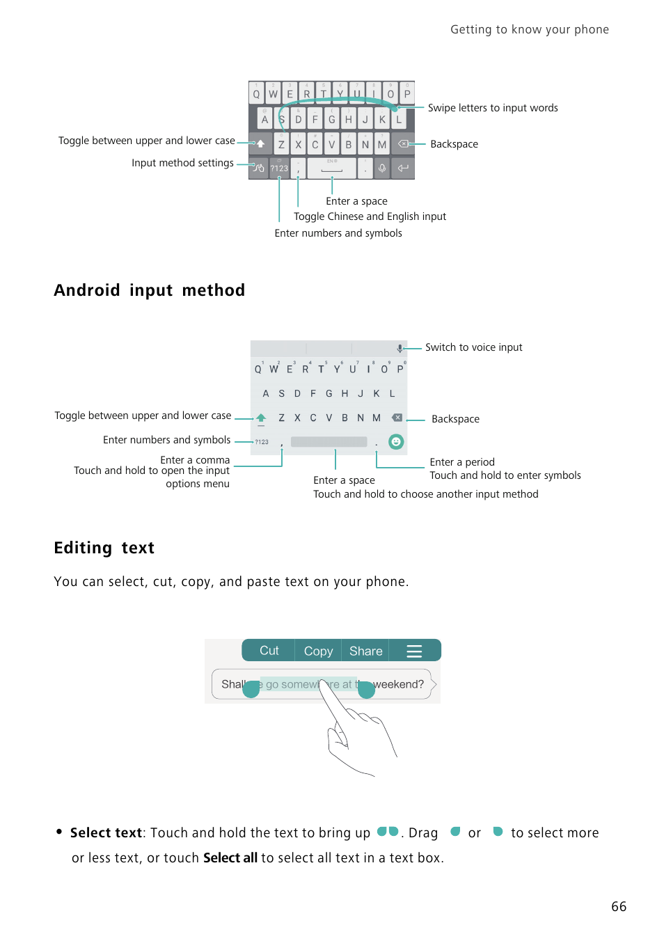 Android input method, Editing text, Android input method editing text | Huawei Mate 8 User Manual | Page 73 / 218